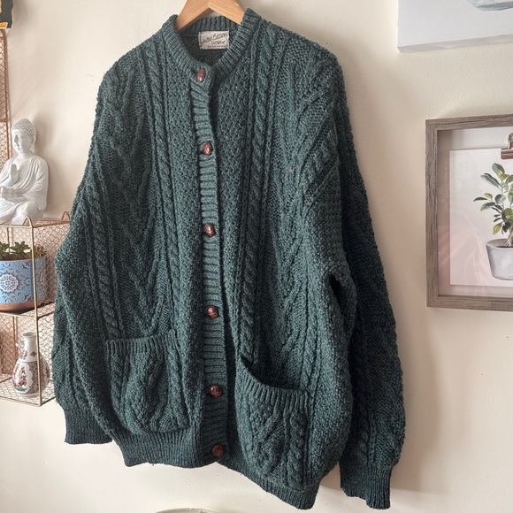 Vintage UK Aran Cable Knit Fisherman Wool Grandpa Cardigan Forest Green Size XXL - Picture 4 of 10